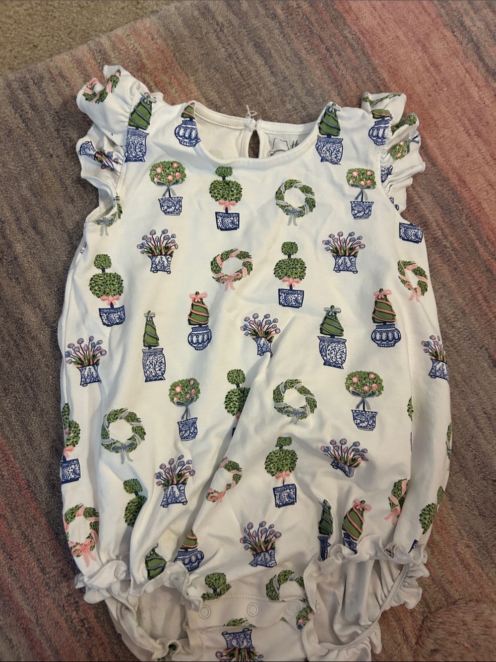 belk White Baby Bubble Romper with Green & Blue Topiary Print